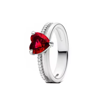 Heart-Shaped Red Crystal Ring - 925 Sterling Silver