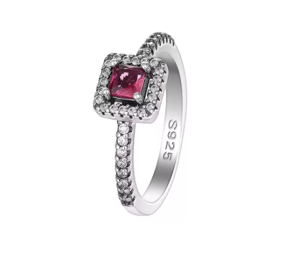 Square Ring with Red Zirconias Centered with Transparent Zirconias - 925 Sterling Silver
