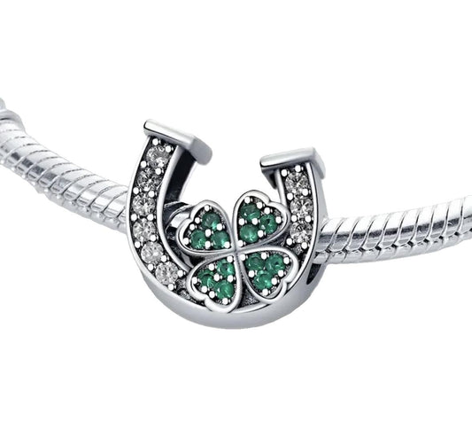 Four-Leaf Clover Charm with Crystal and Green Zirconias, Horseshoe Detail - 925 Sterling Silver