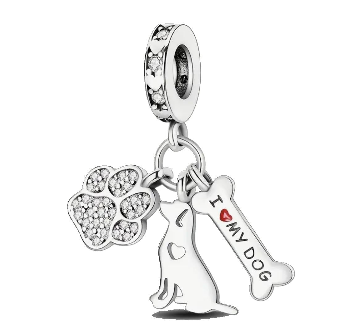 I Love My Dog Charm with 3 Pendulums and Zirconias - 925 Sterling Silver