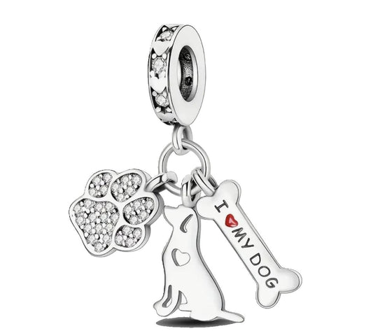 I Love My Dog Charm with 3 Pendulums and Zirconias - 925 Sterling Silver