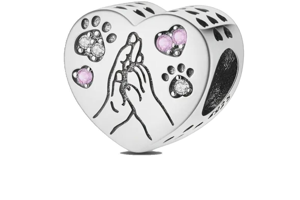 Paw & Hand High-Five Hearted Charm with Zirconia Details (1.3CM) - 925 Sterling Silver