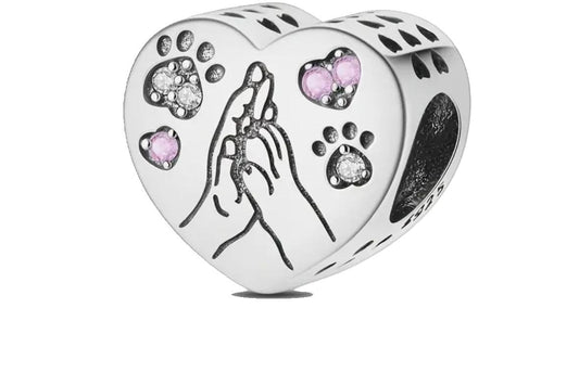 Paw & Hand High-Five Hearted Charm with Zirconia Details (1.3CM) - 925 Sterling Silver