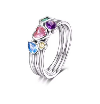 Triple Hoop Ring with Colored Zirconias - 925 Sterling Silver