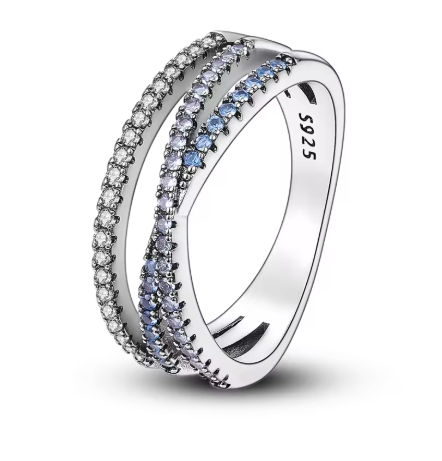 Triple Line Ring with Blue Zirconias - 925 Sterling Silver