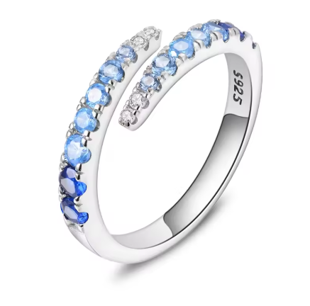 Open Shaped Ring with Blue Zirconia - 925 Sterling Silver