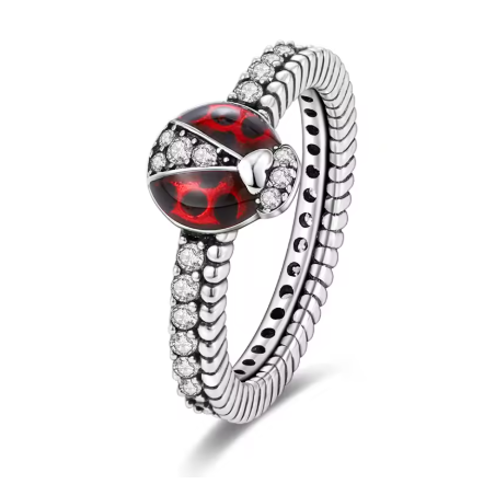 Delicate Red Ladybird Ring with Zirconia - 925 Sterling Silver