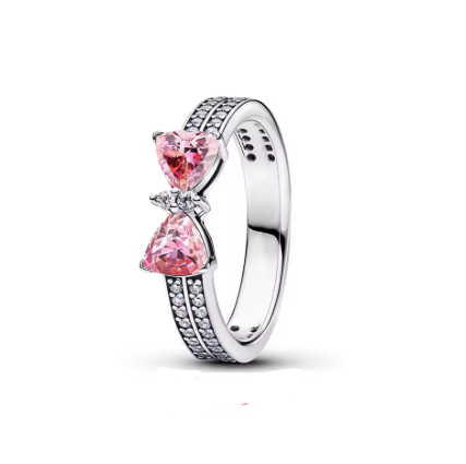 Sparkling Pink Bow Ring with Heart-Cut Fancy Pink Cubic Zirconia Stones - 925 Sterling Silver