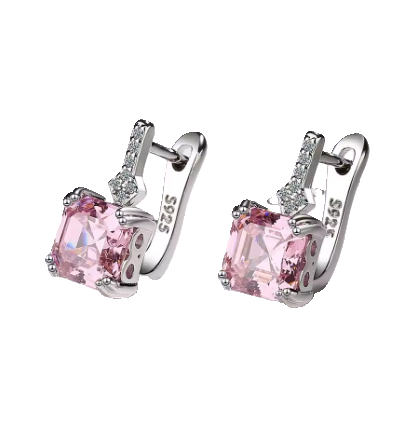 Earrings with Centered Pink and Crystal Zirconias - 925 Sterling Silver