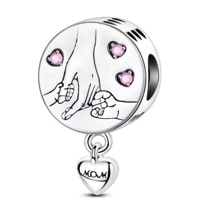 Mom's Hand Charm Holding Two Kids' Hands with Pink Zirconia Details - 925 Sterling Silver