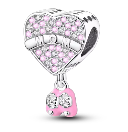 Mom's Pink Heart Balloon Charm with Little Pink Shoes - 925 Sterling Silver.