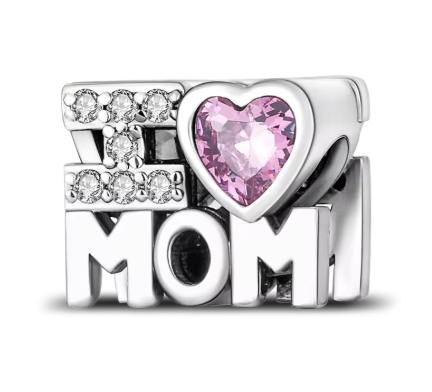 I Love Mom Charm with Pink and Crystal Zirconias - 925 Sterling Silver