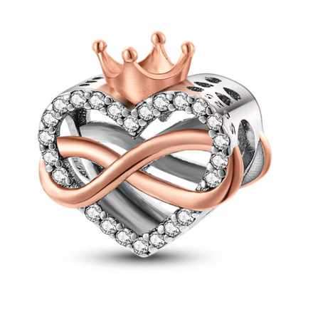 Crown and Heart Rose Gold & Silver Charm - 925 Sterling Silver