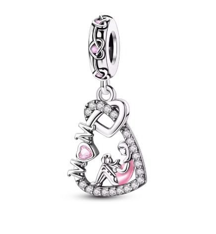 Mom's Hearted Charm Crafted with Pink Zirconias - 925 Sterling Silver