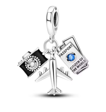 Travel-Themed Charm with Passport, Camera, and Airplane Pendulums - 925 Sterling Silver