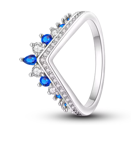 Crown Ring with Blue and Crystal Zirconias - 925 Sterling Silver