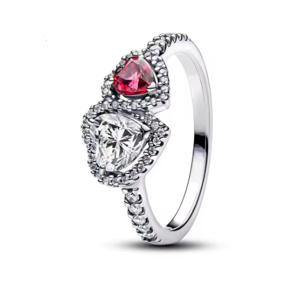 wo Connected Heart Ring with Clear Cubic Zirconia and Red Stone - 925 Sterling Silver